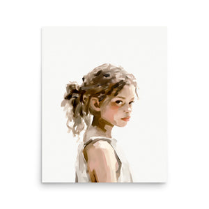 Serene young girl portrait art print in muted earth tones, ideal for nursery or living room wall decor