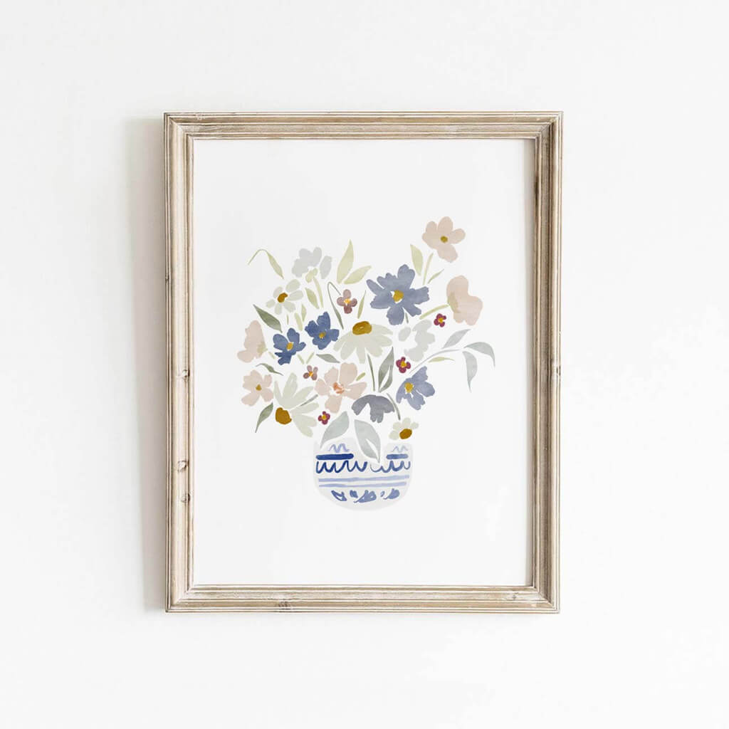 Pretty watercolour art of wildfowers in a Chinoiserie blue and white vase.