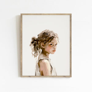 Serene young girl portrait art print in muted earth tones, ideal for nursery or living room wall decor, by artist Leah Straatsma