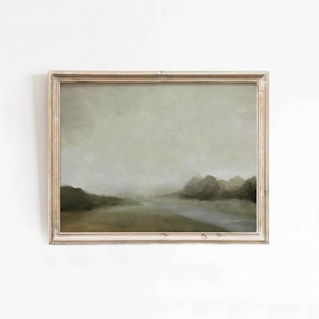 Moody landscape painting of a gloomy sky with trees and a creek from Leah Straatsma