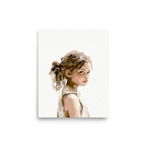 Serene young girl portrait art print in muted earth tones, ideal for nursery or living room wall decor